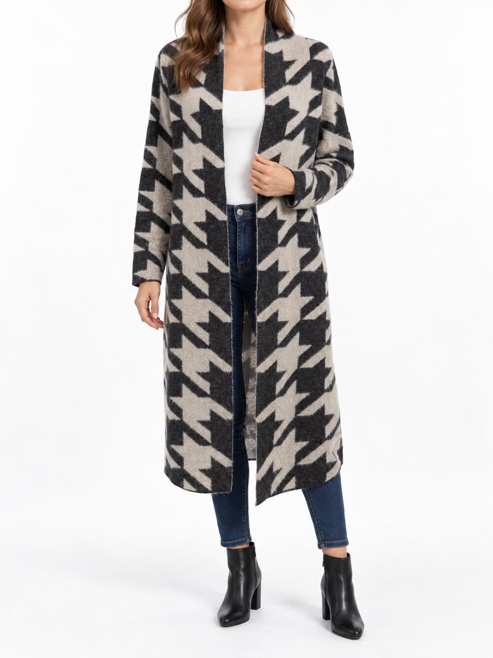 Philosophy Women's XS Black Cream Houndstooth Fuzzy Knit Open Duster Cardigan